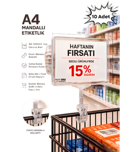 10 Adet - A4 Mandallı Fiyatlık Etiketlik Sepet Raf Askılık Fiyat Etiketi Çerçeveli Market Mağaza Şeffaf