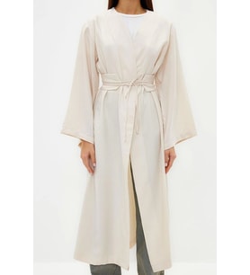 Moda Dokuma Rahat Kalıp Regular V Yaka Düşük Kol Keten Görünüm Kruvaze Tesettür Giyim Kimono Kaftan (Taş)