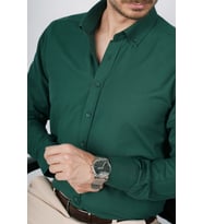 Koyu Yeşil Yaka Düğmeli Premium Şamre Slimfit Hediye Kutulu Erkek Gömlek (Koyu Yeşill)
