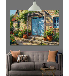 Mavi Kapılı Köy Evi Dekoratif Kanvas - Mdf Ahşap Tablo