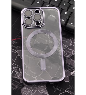 iPhone 13 Pro Uyumlu MagSafe Özellikli Mor Renkli Kenarlı Lazerli Şeffaf Kılıf Lens Korumalı (Renksiz)