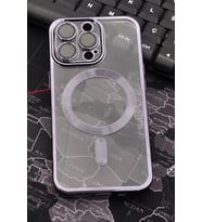 iPhone 13 Pro Uyumlu MagSafe Özellikli Mor Renkli Kenarlı Lazerli Şeffaf Kılıf Lens Korumalı (Renksiz)