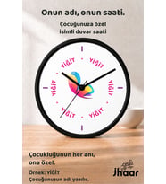 İsme Özel Renkli Kelebek Figürlü Çocuk Odası Duvar Saati Orta Boy 30 cm Siyah Camlı Sessiz