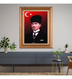 Altın Varaklı Çerçeveli Paspartulu Atatürk Tablo DC0793 (Gold)
