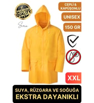 Premium Sarı XXL 150 gr Kapüşonlu Cepli Yağmurluk Su Rüzgar Soğuk Geçirmez Unisex Çıtçıtlı Pardösü
