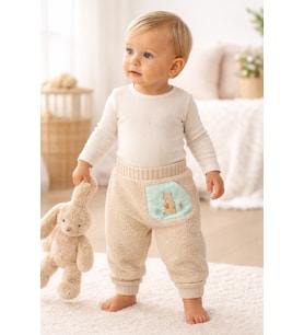 Mevsimlik Erkek Bebek Pantolon Krem Peluş Cepli Lastikli Alt