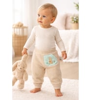 Mevsimlik Erkek Bebek Pantolon Krem Peluş Cepli Lastikli Alt