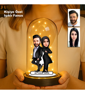 Kişiye Özel Çift Karikatür Fanus  Sevgili ve Evlilere Özel Işıklı Biblo