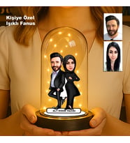 Kişiye Özel Çift Karikatür Fanus  Sevgili ve Evlilere Özel Işıklı Biblo