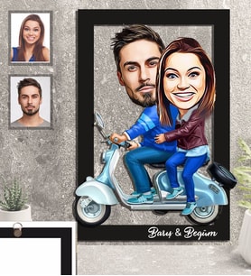 Kişiye Özel Vespa Motorcu Sevgili Karikatürlü 3D Ahşap Tablo 30x47  Mod-2