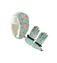 sugeçirmez kız çocuk bere eldiven set mint pembe flamingo desenli kayak snowboard 4-8 yaş