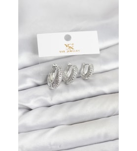Pirinç Gümüş Renk Zirkon Taşlı Halka Model YSX Trio Küpe Seti 5886 - SSSSSS2368-6879