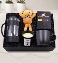 Siyah French Press & Siyah Kupa & Alerya Brazil Filtre Kahve & Mini Papyonlu Ayıcık Anahtarlık & Vanilya Kokulu Bardak Mum Hediye Seti