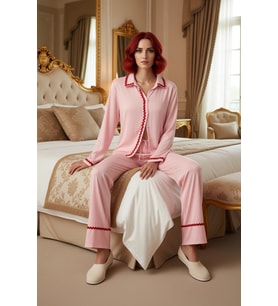 Kadın Viskon Pijama Takımı Gömlek Yaka Şerit Detaylı Fonksiyonel Dayanıklı Kaliteli Modern