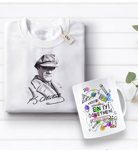 BK Gift Kişiye Özel Öğretmenler Günü Tasarımlı Kupa Bardak ve Atatürk Baskılı Tişört Hediye Seti- 1-16, Öğretmene Hediye, Öğretmenler Günü, 100. Yıl Hediyesi