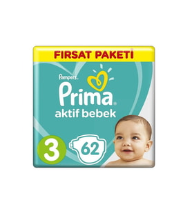 Prima Bebek Bezi Aktif Bebek 3 Beden 62 Adet Fırsat Paketi (Çok Renkli)