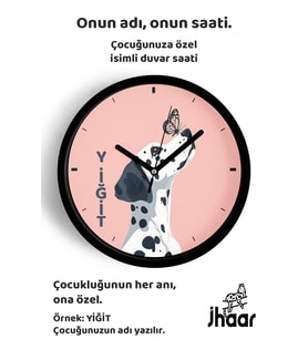 İsme Özel Sevimli Köpek ile Kelebek Çocuk Odası Duvar Saati Orta Boy 30 cm Siyah Camlı Sessiz