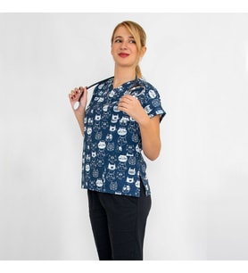 Unisex Lacivert Kedi Desenli  Esnek Likralı Dİş Hekimi Veteriner  Teknisyen Cerrahi Scrubs Tek  Üst Forma