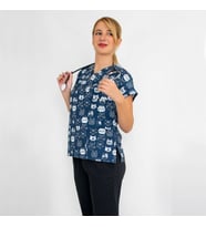 Unisex Lacivert Kedi Desenli  Esnek Likralı Dİş Hekimi Veteriner  Teknisyen Cerrahi Scrubs Tek  Üst Forma
