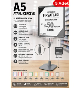 5 Adet - A5 Ayaklı Çerçeve Seti Plastik Ördek Ayak Teleskopik Borulu Fiyat Etiketliği Yönlendirme Levhası Menü Panosu Gri