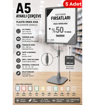 5 Adet - A5 Ayaklı Çerçeve Seti Plastik Ördek Ayak Teleskopik Borulu Fiyat Etiketliği Yönlendirme Levhası Menü Panosu Gri