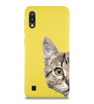 Samsung Galaxy M10 Uyumlu Lansman Kılıf Catface Tasarımlı İçi Kadife Kapak-Sarı (Şeffaf)