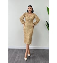 Saçaklı Pul Payet Kumaş Kalem Elbise - GOLD
