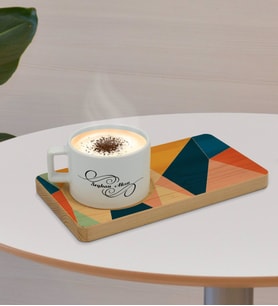 BK Gift Kişiye Özel Modern Art Tasarımlı Doğal Ahşap Tabaklı Seramik Fincan Sunum Seti  Model 8