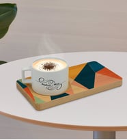 BK Gift Kişiye Özel Modern Art Tasarımlı Doğal Ahşap Tabaklı Seramik Fincan Sunum Seti  Model 8