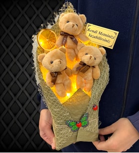 Led Işıklı Kişiye Özel Kahverengi Ayıcıklı Büyük Boy Peluş Ayıcık Buketi (Model 1)