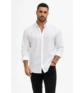 Erkek KETEN Kumaş Oversize Uzun Kollu Rahat Kalıp Gömlek - Beyaz