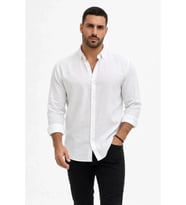 Erkek KETEN Kumaş Oversize Uzun Kollu Rahat Kalıp Gömlek - Beyaz
