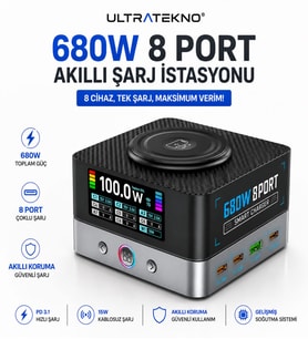 ULTRATEKNO WLX-R8A 680W GaN Masaüstü Çoklu Şarj İstasyonu PD 3.1 USB-C Laptop MacBook Telefon Tablet Hızlı Şarj Cihazı
