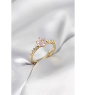 Gold Renk Pembe Tek Taş Model Zirkon Taşlı Kadın Yüzük TJ-BYK3991
