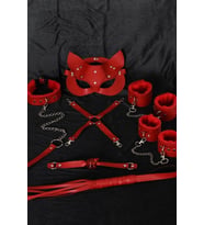 Amora Secret Kırmızı İçi Tüylü Maske,kol,bacak,ağız Topu,kırbaç,tasma Harness Set