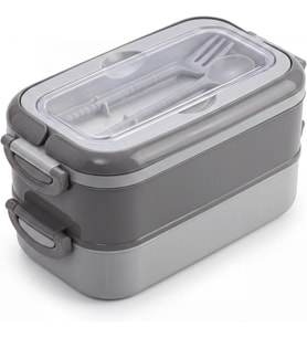 ® 2 Katlı Yemek Taşıma Kabı - Kaşık Çatal Setli Katı Gıda İçin Çift Katlı Bento Beslenme Kutusu, Ofis Okul Piknik Kilitli Saklama Kabı (Gri)