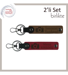 Sevgiliye Yazılabilir Deri Anahtarlık, Fotoğrafçılıkla Uğraşanlara Özel 2’li Set, Açık Kahve-Kırmızı (Çok Renkli)