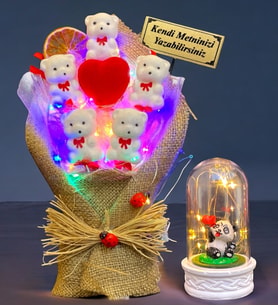 Size Özel RENKLİ Led Işıklı Ayıcık Buketi ve Led Işıklı Fanus - Premium Hediye Seti (Model 5)
