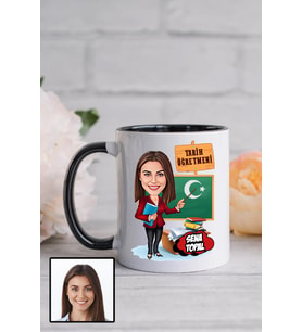Kadın Tarih Öğretmenine Hediye Karikatürlü Siyah Kupa Bardak