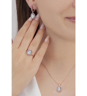AgaKulche Oval Tasarım Gümüş Takı Seti Elmas Montür S102-EB