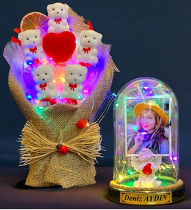 Size Özel Renkli Led Işıklı Fanus ve Renkli Led Işıklı Ayıcık Buketi Hediye Seti (Model 7)
