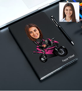 Kişiye Özel Motorcu Kadın Tasarımlı Karikatür Defter Ve Kalem Seti 58