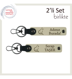 Kedili Kombinlerde Öne Çıkan, Tatlı Desen, İsme Yazılabilir Anahtarlık, Sütlü Kahve-Sütlü Kahve