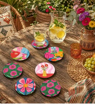 Retro Bohem Desenli Ahşap Bardak Altlığı 6'lı Set 10 cm, 3 mm MDF, UV Baskılı Dekoratif Bardak Altlığı