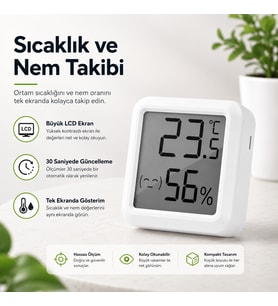 Dijital Sıcaklık ve Nem Ölçer LCD Ekranlı Mini Termometre Higrometre Ortam Isı ve Nem Ölçer Duvar ve Masaüstü Kullanım
