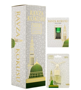 Medine Ravza Kokusu 400ml Sprey Ve Medine Ravza Kokusu 8 Ml Araba Kokusu Cam Şişe Ve Medine Ravza Alkolsüz Esans 3Ml