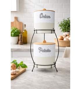 Bambu Kapaklı Metal Patates ve Soğanlık, Krem Taş Desenli, Standlı