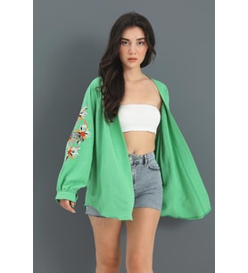 Kimono Reglan Kol Nakışlı Keten - Yeşil