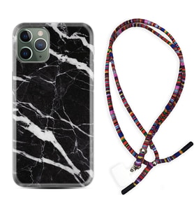 Apple iPhone 11 12 13 14 Pro Max Kılıf Boyun Asklı Rasta Silikon Siyah Şerit Mermer 1318