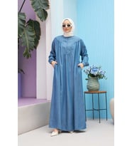 6634-Tensel Denim Elbise Koyu Mavi